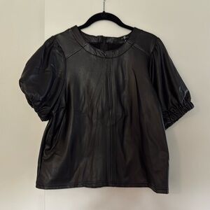 7 for all mankind Faux Leather Black Puff Sleeve Top Size Medium